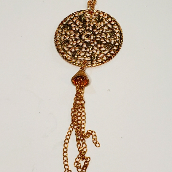 Medallion Pendant With Chain Tassel on a Gold Tone Chain - Picture 3 of 5